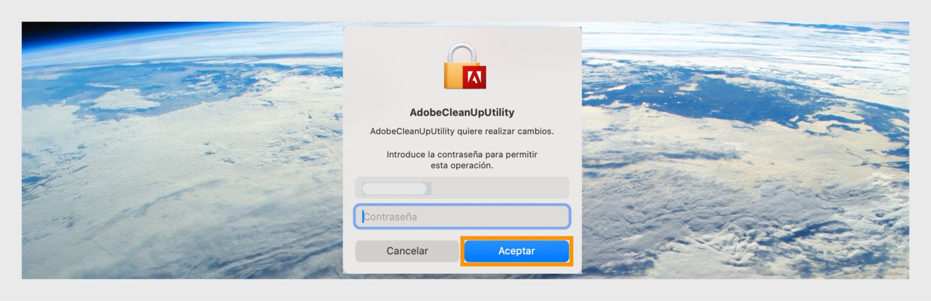 Solicitud de contraseña de macOS para AdobeCleanUpUtility, con el botón Aceptar resaltado.