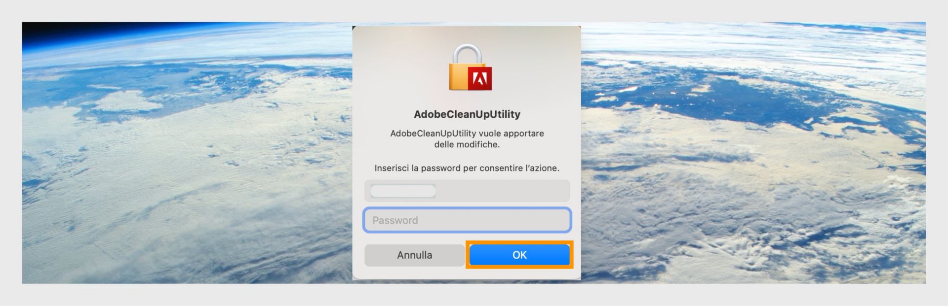 Richiesta password di macOS per AdobeCleanUpUtility, con il pulsante OK evidenziato.