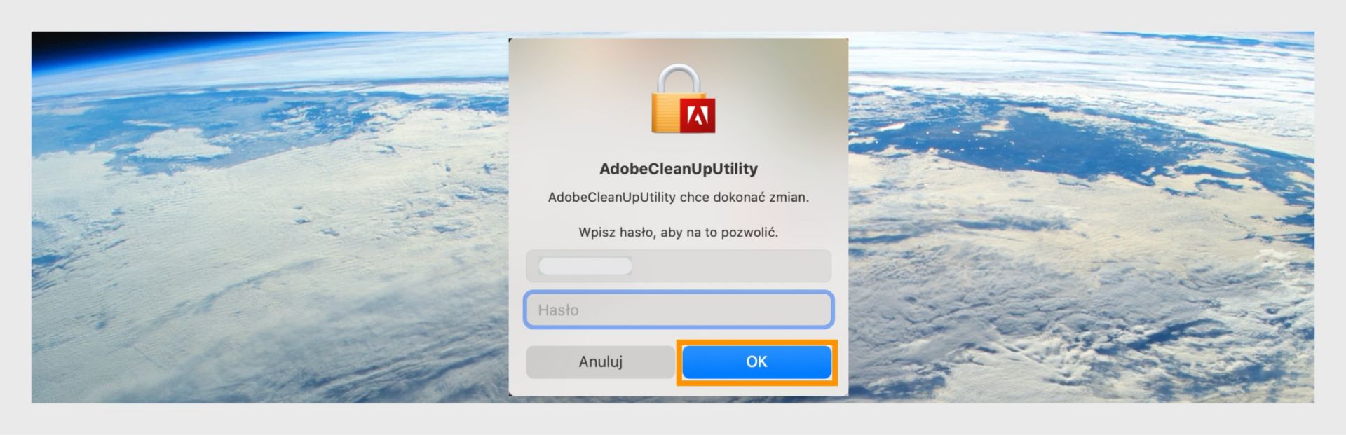 Monit o hasło systemu macOS dla narzędzia AdobeCleanUpUtility z wyróżnionym przyciskiem OK.