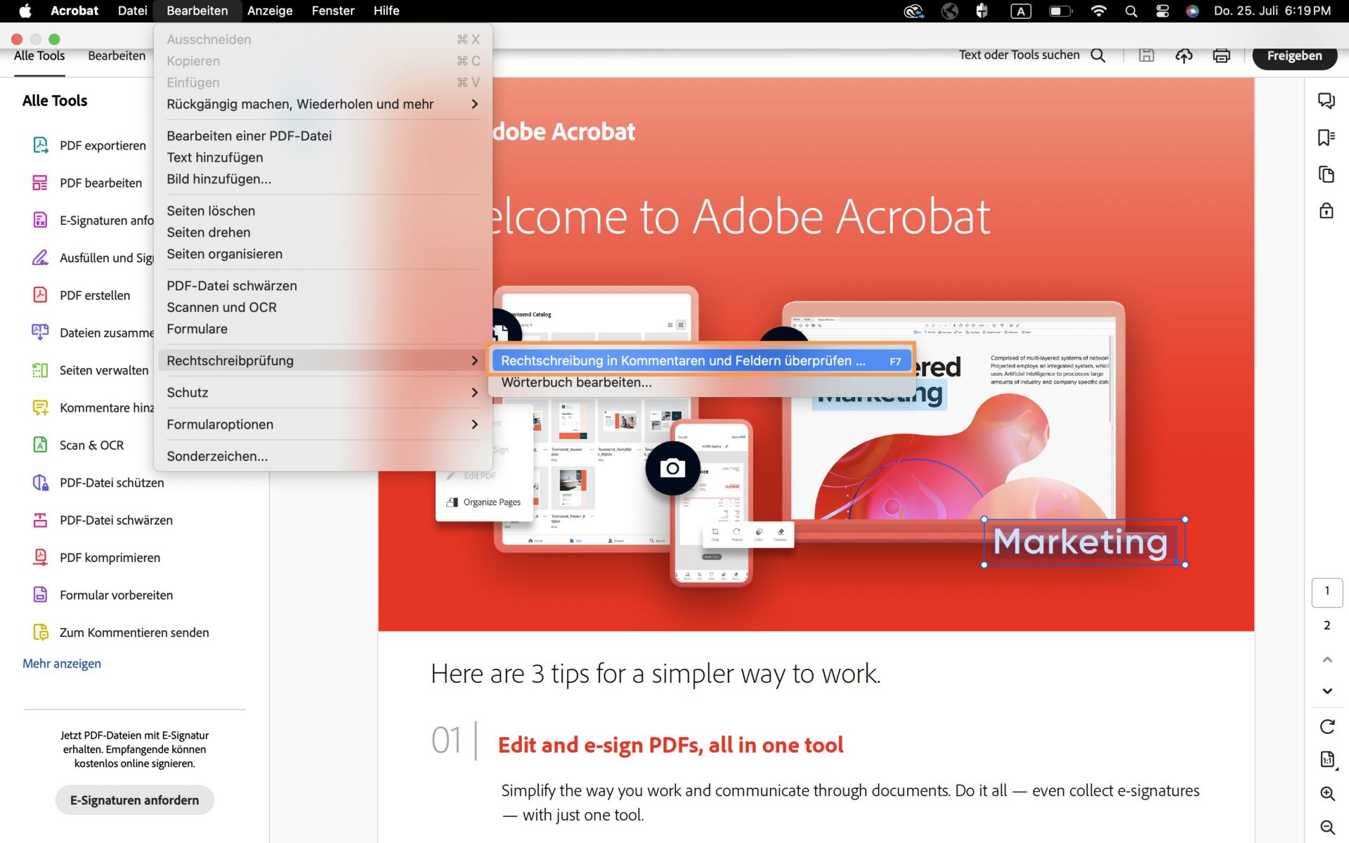 Die Option „Rechtschreibprüfung in Kommentaren und Feldern“ in Acrobat ist hervorgehoben.