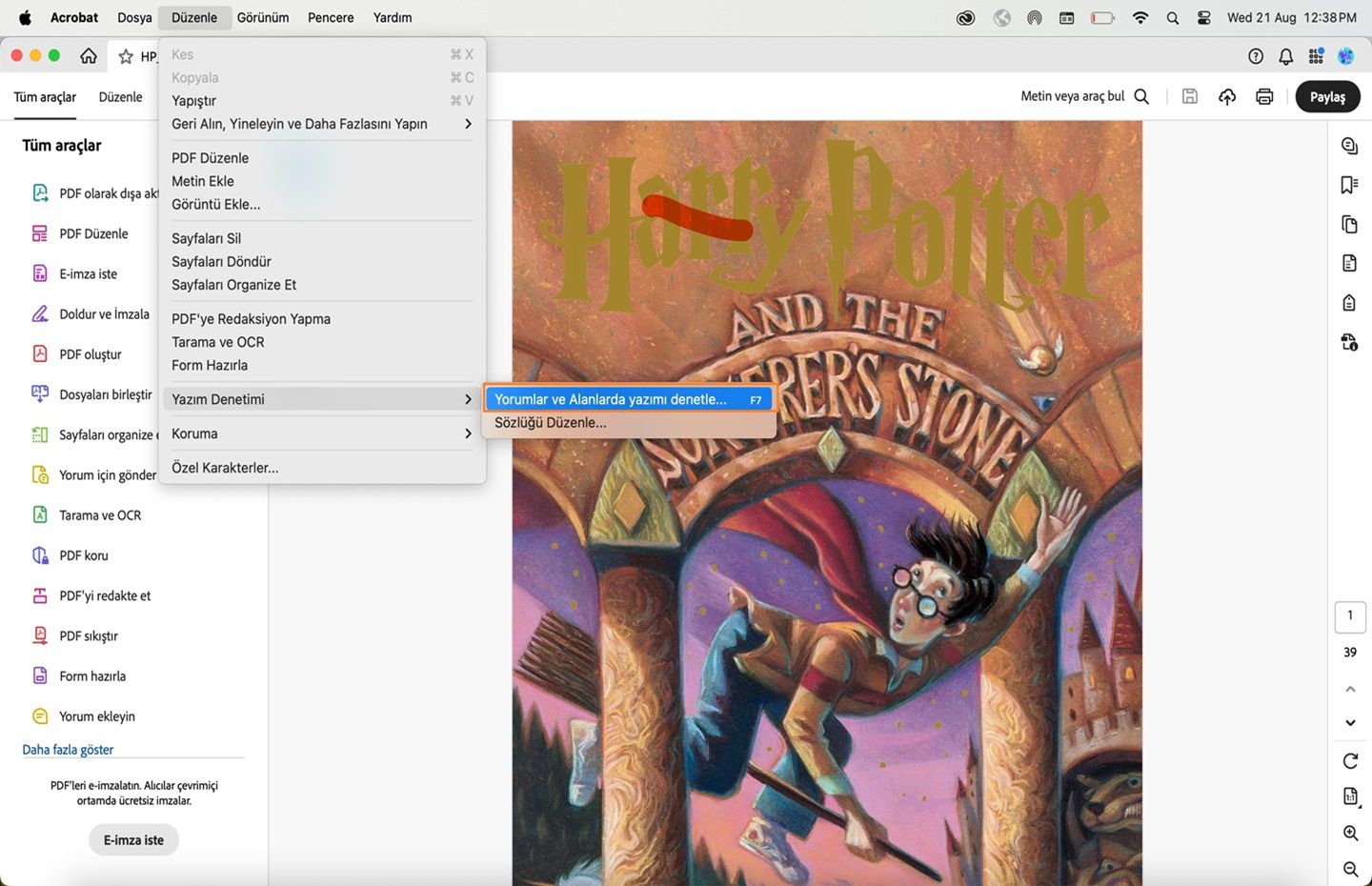 Acrobat'ta yorumlar ve alanlarda yazımı denetle seçeneği vurgulanır.