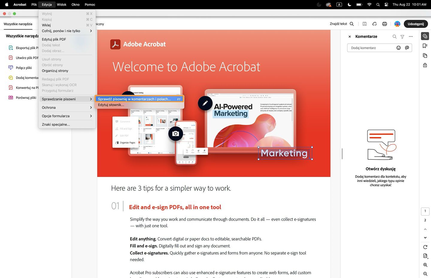 Opcja sprawdzania pisowni w komentarzach i polach jest podświetlona w programie Acrobat.