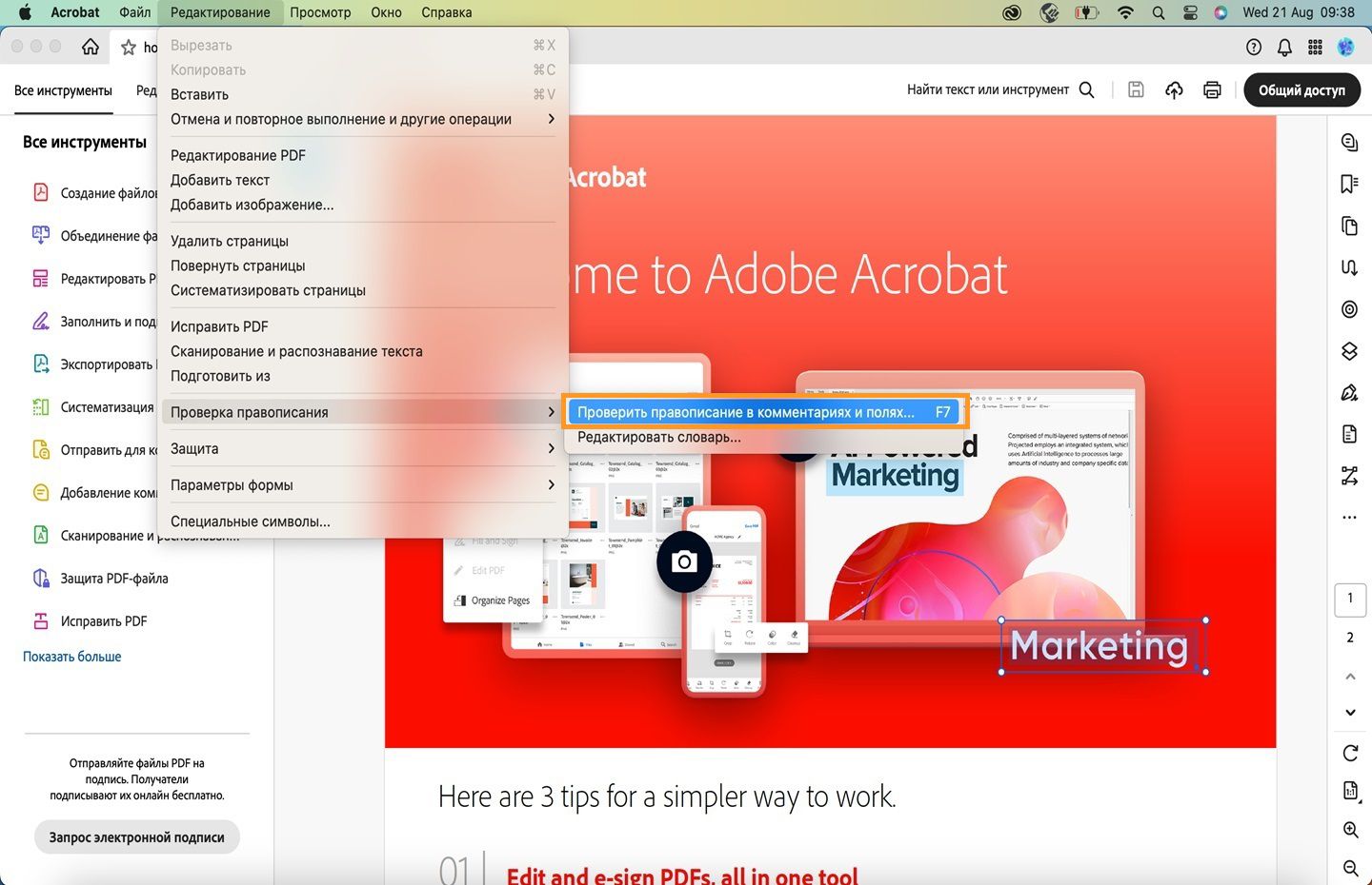 В Acrobat выделен параметр проверки правописания в комментариях и в полях.