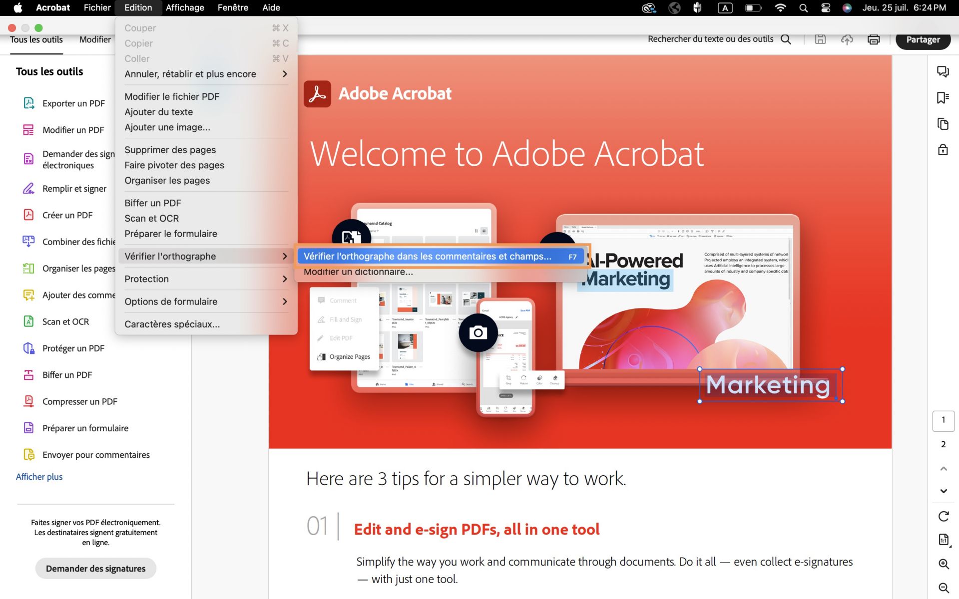 L’option de vérification de l’orthographe dans les commentaires et champs est mise en surbrillance dans Acrobat.