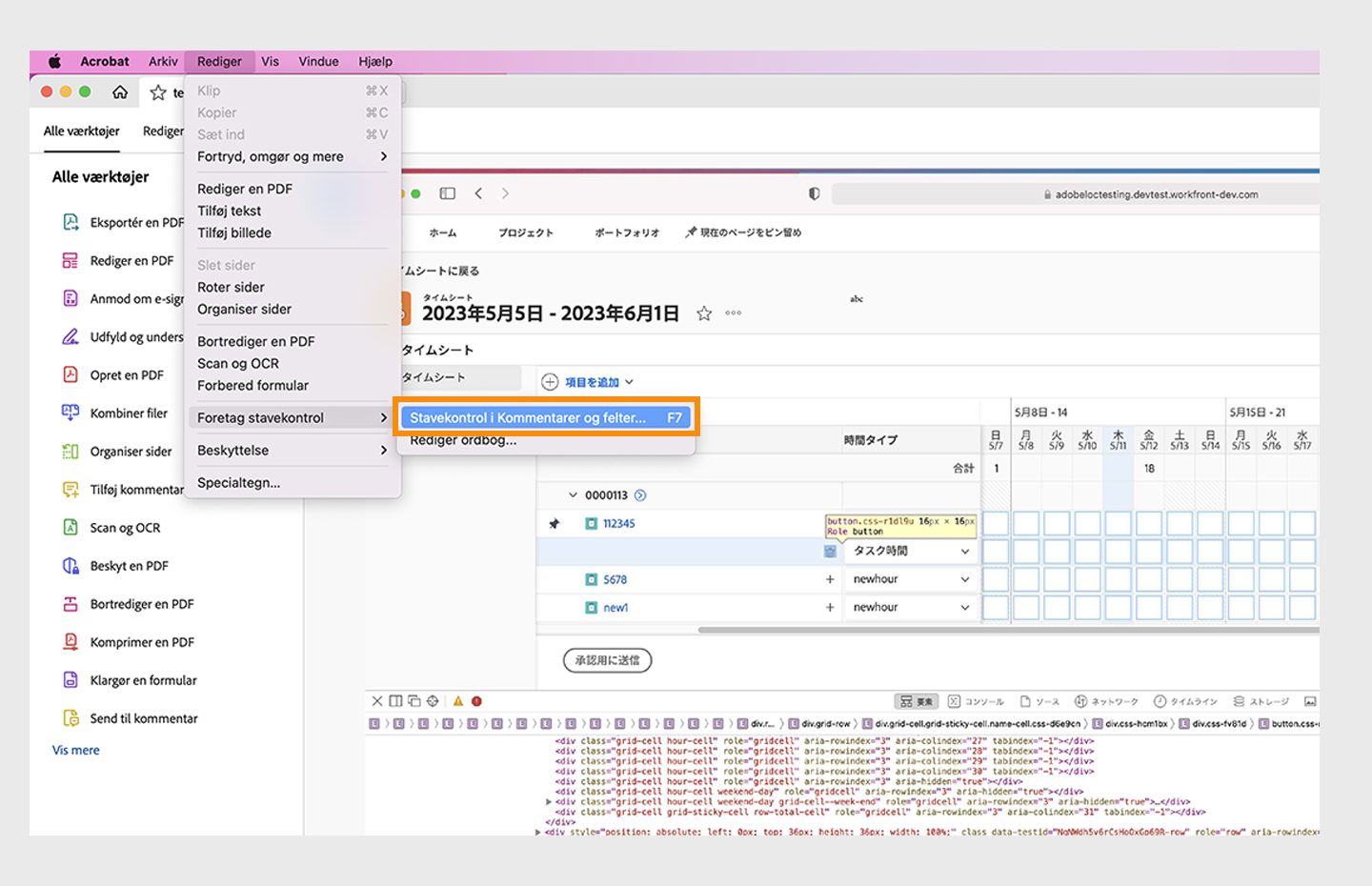 Muligheden Stavekontrol i kommentarer og felter er fremhævet i Acrobat.