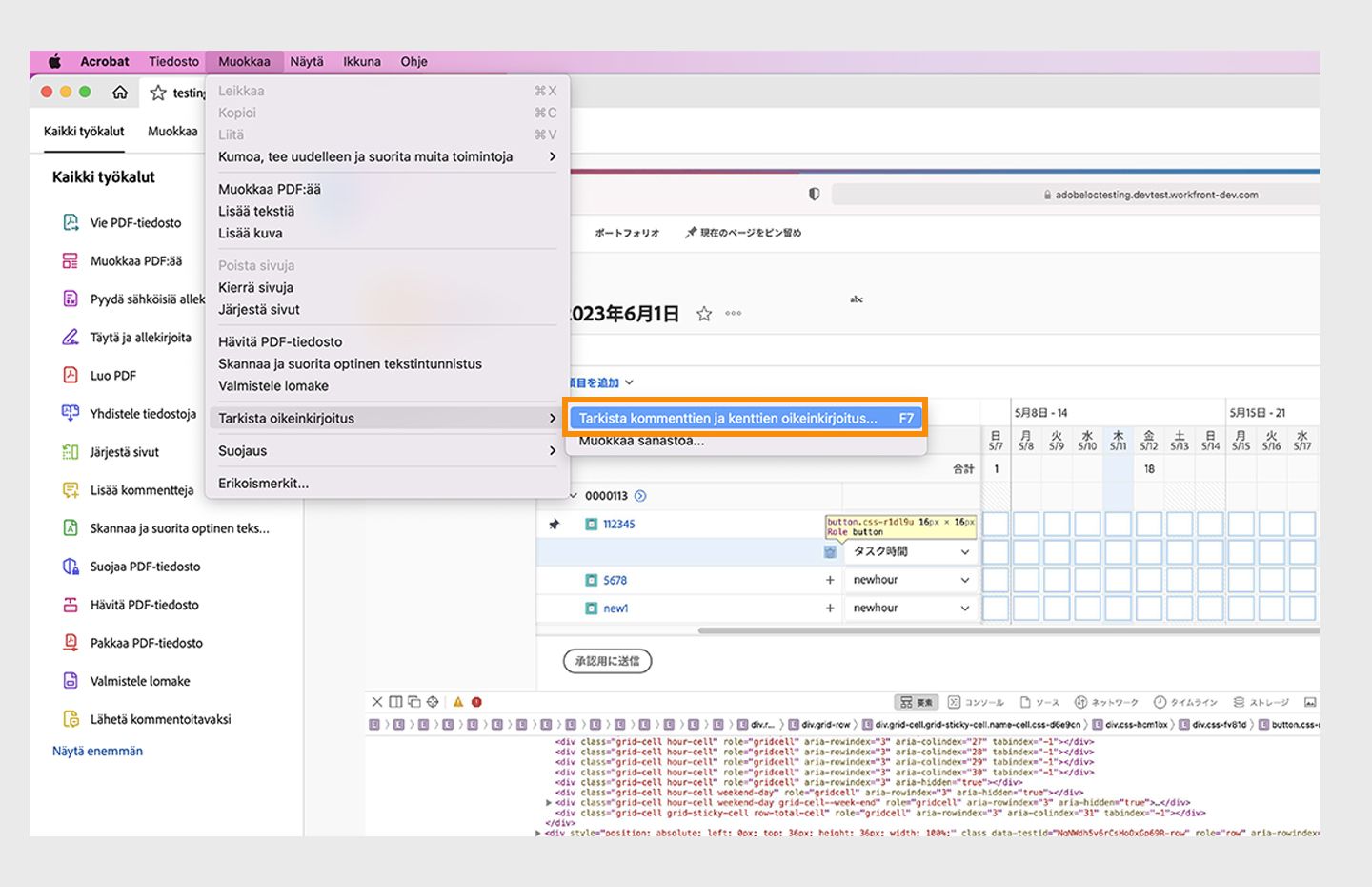 Tarkista oikeinkirjoitus kommenteissa ja kentissä -valinta on korostettuna Acrobatissa.