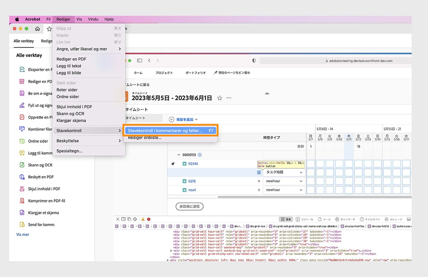 Alternativet Stavekontroll i kommentarer og felt er uthevet i Acrobat.