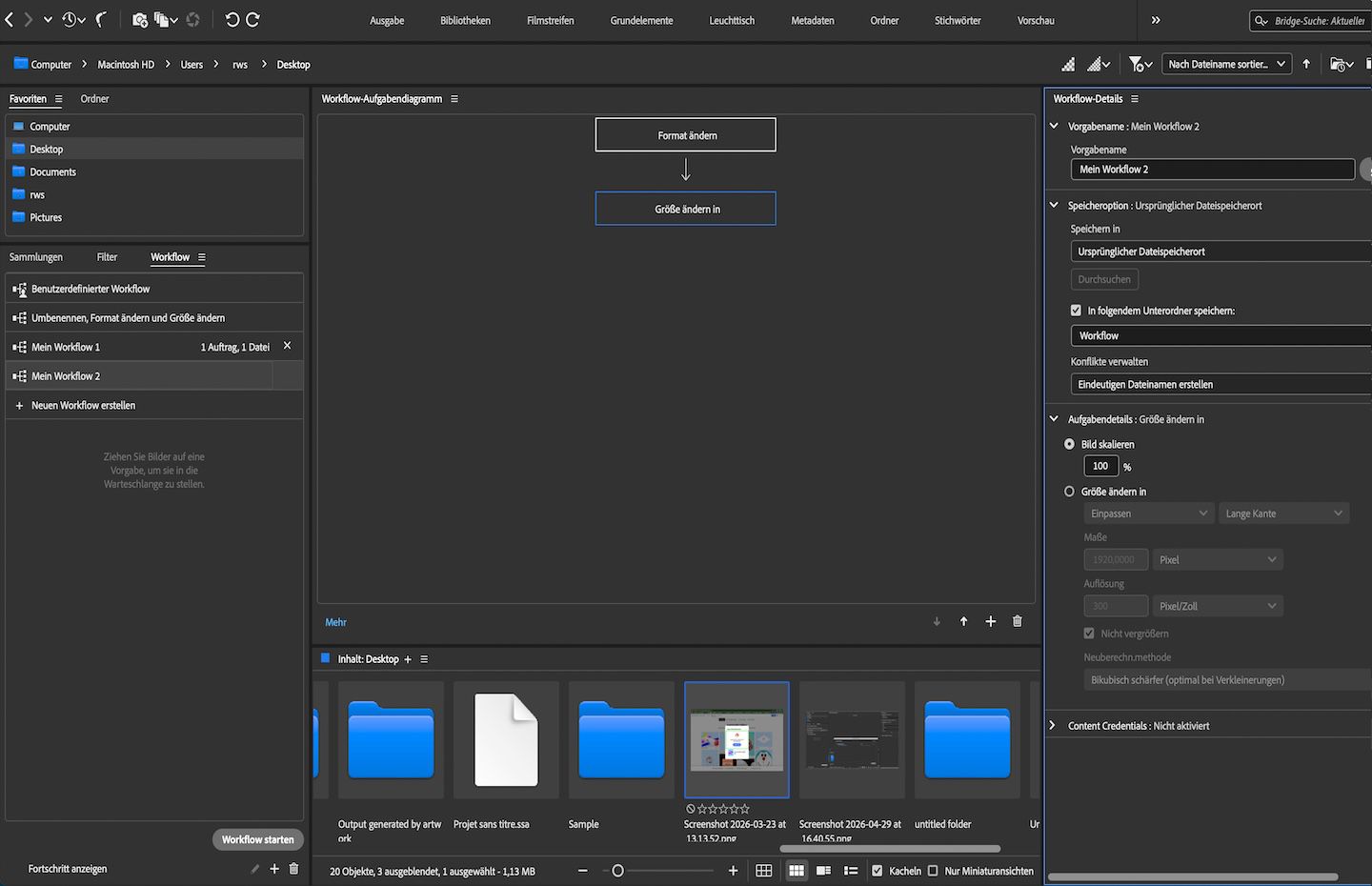 Im Workflow-Bedienfeld wird eine Workflow-Voreinstellung mit den Aufgaben „Format ändern“ und „Größe anpassen“ sowie Workflow-Details und Speicheroptionen angezeigt.