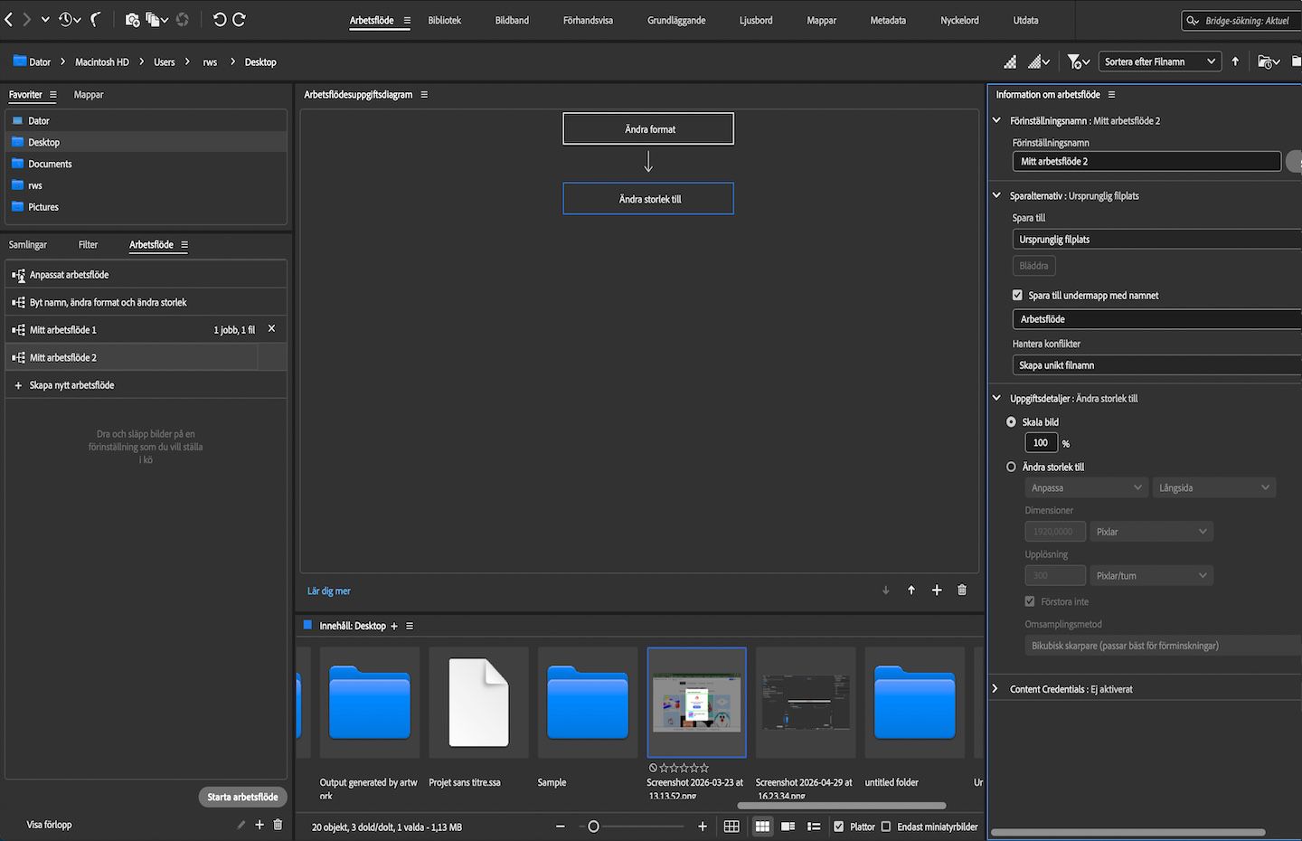 Panelen Workflow visar en förinställning för arbetsflöde med uppgifterna Ändra format och Ändra storlek, tillsammans med information om arbetsflödet och alternativ för att spara.