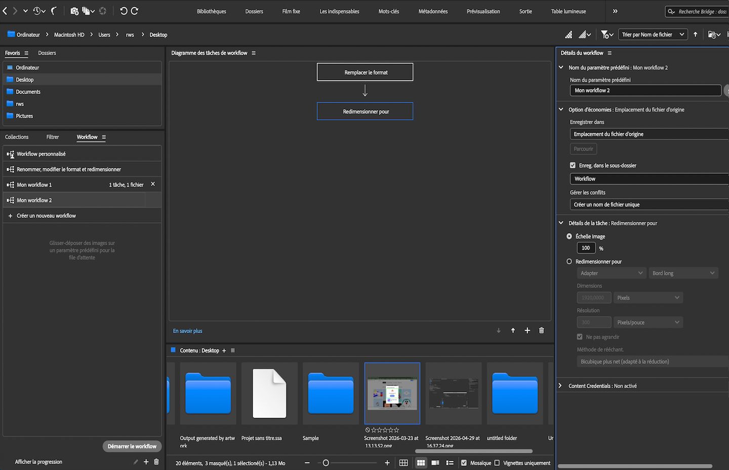 Le panneau Workflow affiche un paramètre prédéfini de workflow avec les tâches Modifier le format et Redimensionner, ainsi que les détails du workflow et les options d’enregistrement.