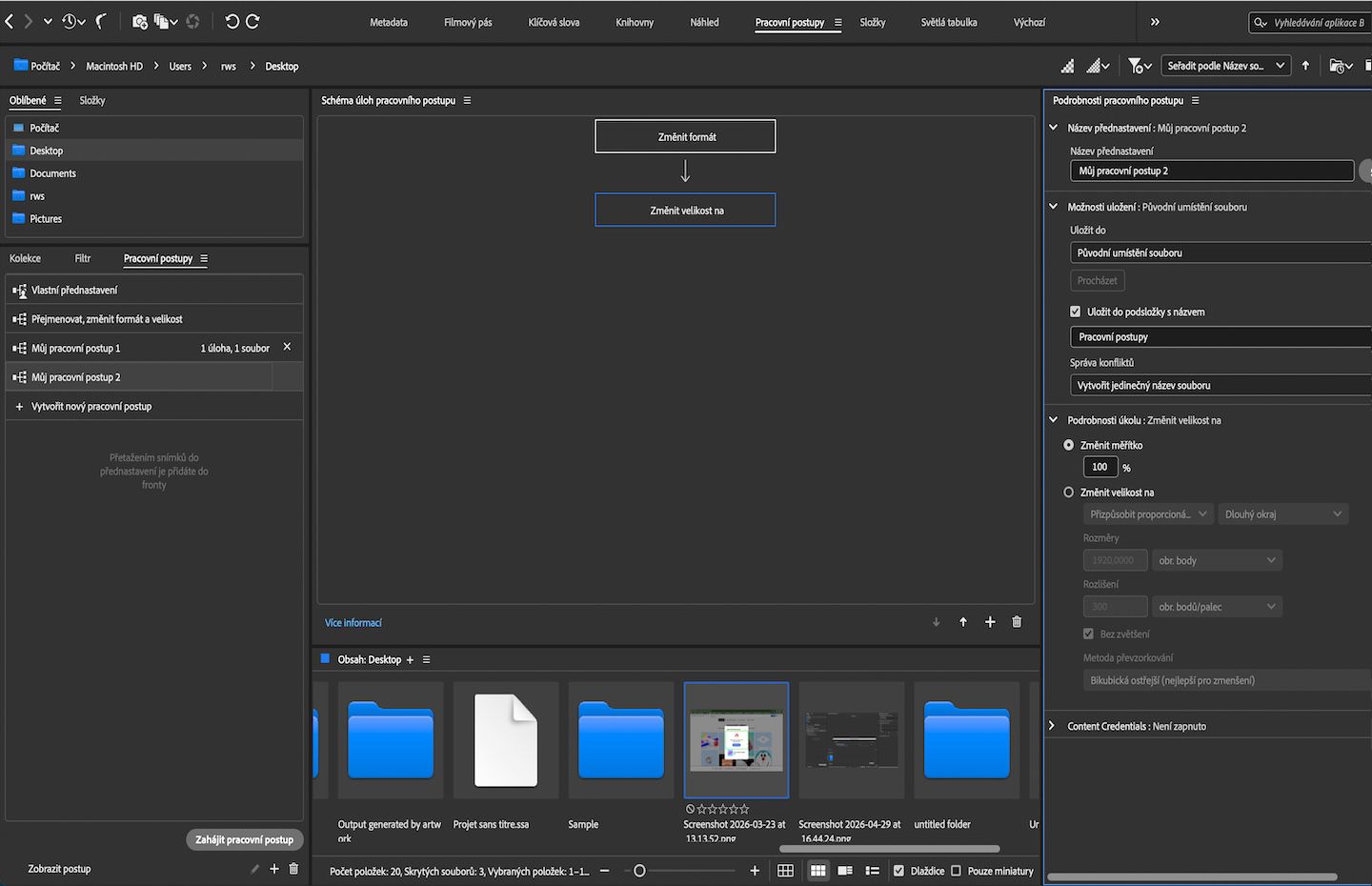 Panel Workflow zobrazuje předvolbu pracovního postupu s úkoly Změnit formát a Změnit velikost spolu s podrobnostmi pracovního postupu a možnostmi uložení.