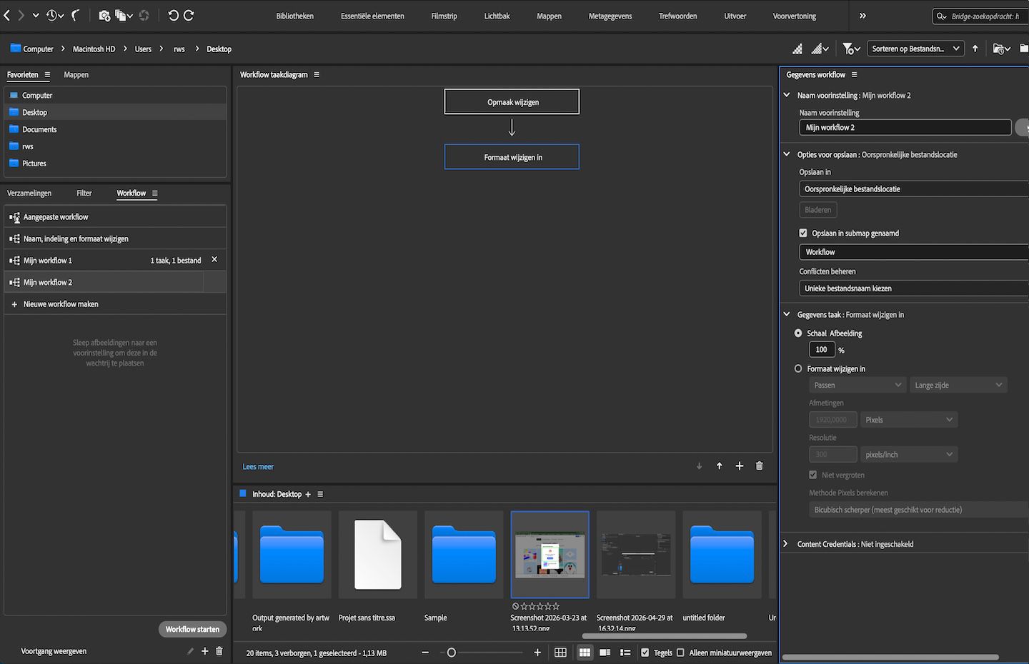 Het Workflow deelvenster toont een workflow voorinstelling met taken voor Formaat wijzigen en Grootte wijzigen, samen met workflow details en opslagopties.