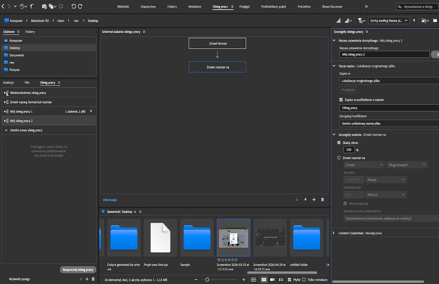 Panel Workflow pokazuje ustawienie wstępne obiegu pracy z zadaniami Zmiana formatu i Zmiana rozmiaru wraz ze szczegółami obiegu pracy i opcjami zapisywania.