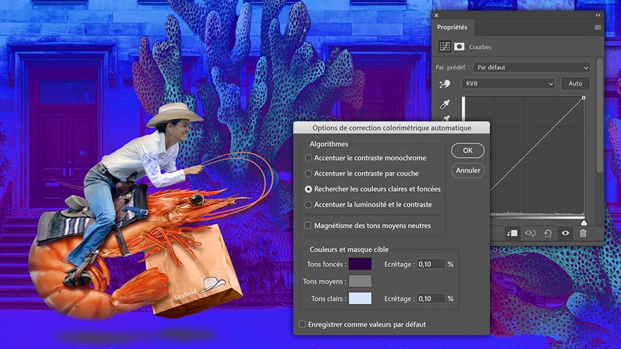 Fichier Photoshop de la composition, avec panneau Courbes et boîte de dialogue Options de correction colorimétrique automatique ouverts.