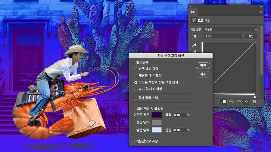 곡선 패널과 자동 색상 교정 옵션 상자가 표시되어 있음