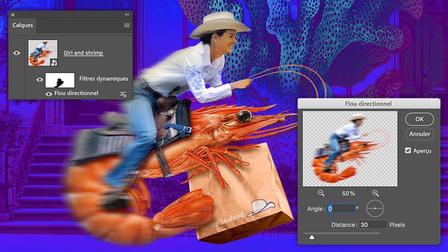 Gros plan sur la composition surréaliste de la femme faisant du rodéo sur une crevette, avec le panneau Calques et la boîte de dialogue Flou directionnel ouverts.