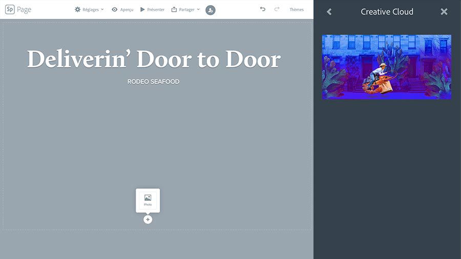 Dans Adobe Spark Page, le panneau Creative Cloud affiche la composition sur la droite.
