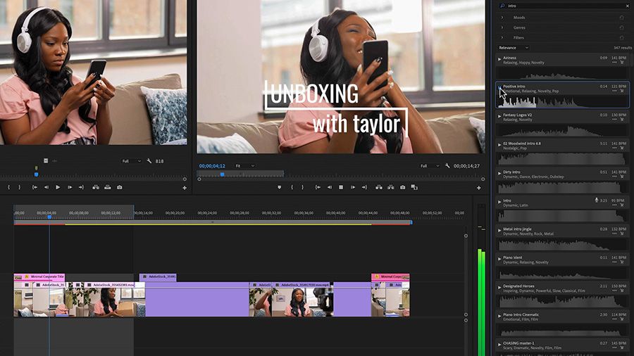 Adobe Premiere Proデスクトップのスクリーンショットで、編集者はエッセンシャルサウンドパネルでミュージックトラックの再生ボタンをクリックし、ビデオ編集がフレームの左側の編集インターフェイスに表示されている