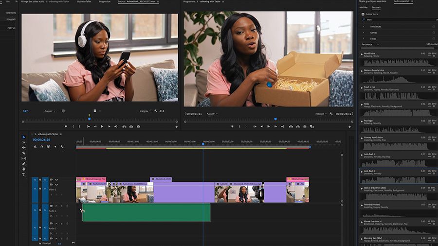 Dans Premiere Pro, une nouvelle ressource musicale est ajoutée en piste A1, tandis que l’intégralité du montage est visible.