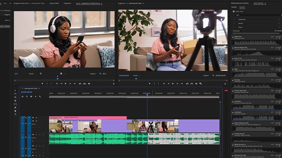 Dans Premiere Pro, des clips audio sont en cours de montage. Les moniteurs du programme et d’aperçu affichent une jeune Africaine-américaine assise sur un canapé.