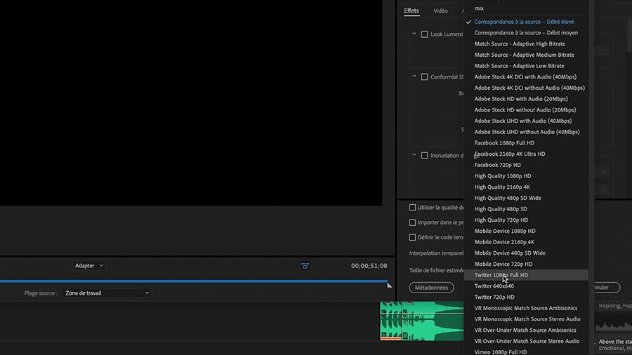 Dans Premiere Pro pour ordinateur, le monteur travaille dans la fenêtre Exporter le média et a sélectionné la préconfiguration d’exportation Twitter 1080p Full HD.