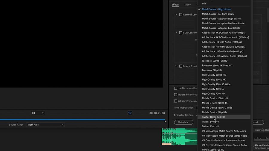 Adobe Premiere Proデスクトップのスクリーンショットで、編集者は書き出し/メディアウィンドウで作業し、書き出し対象としてTwitter 1080p Full HDプリセットを選択している