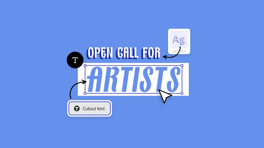 The words "open call for artist" being edited in Adobe Express