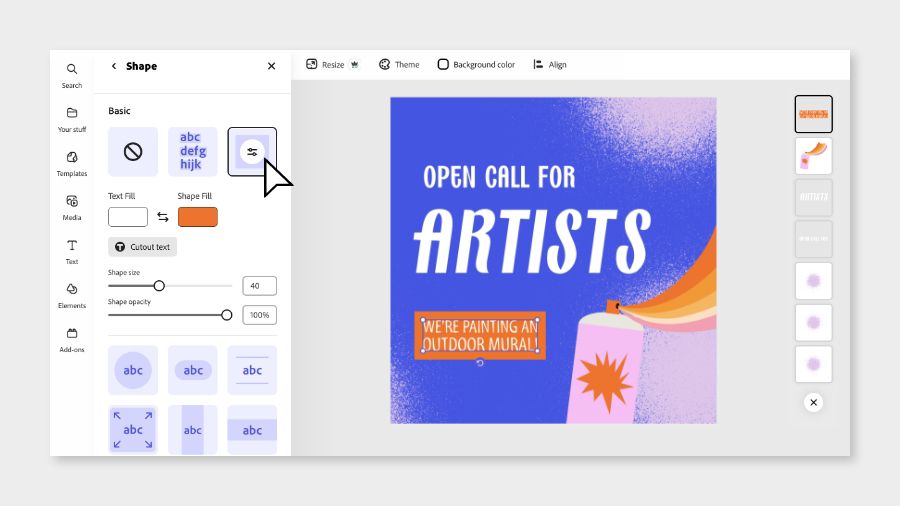  The Text panel is open in Adobe Express to show Shapes editing options