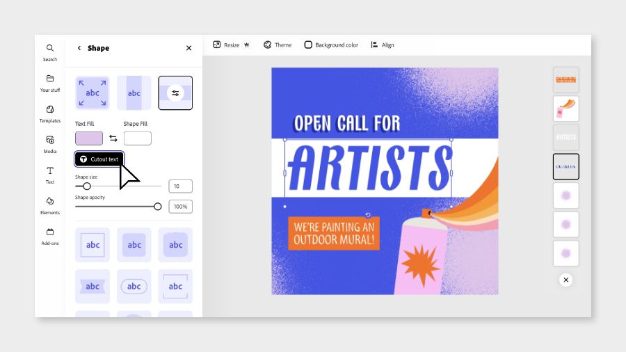 Within the Text panel, the cutout button appears as well as a cutout effect on the canvas