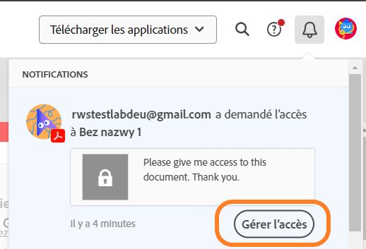 Notification dans l’application pour gérer l’accès