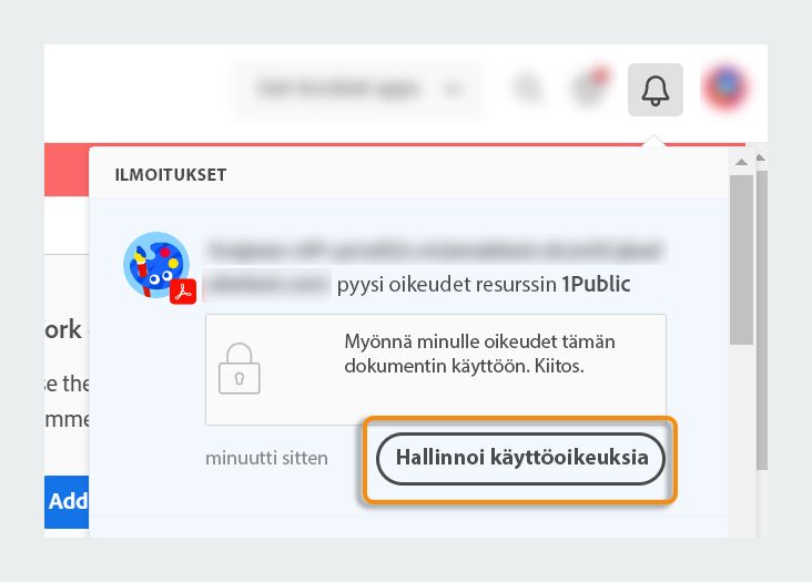 Sovelluksen sisäinen ilmoitus käytön hallintaa varten