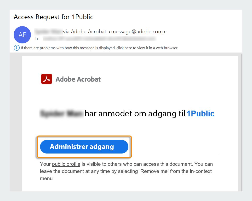 E-mailbesked om administration af adgang
