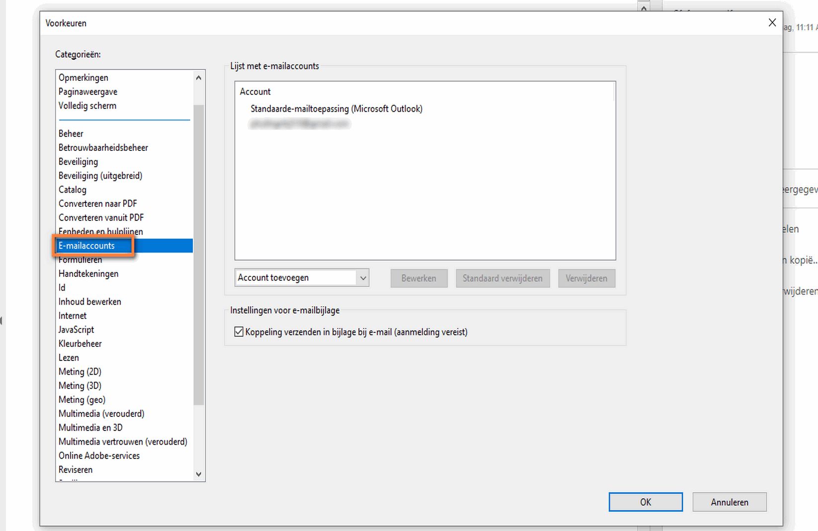 Een e-mailaccount als standaard toevoegen, verwijderen of instellen
