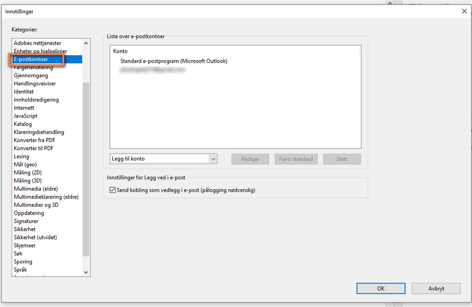 Legg til, slett eller angi en e-postkonto som standard