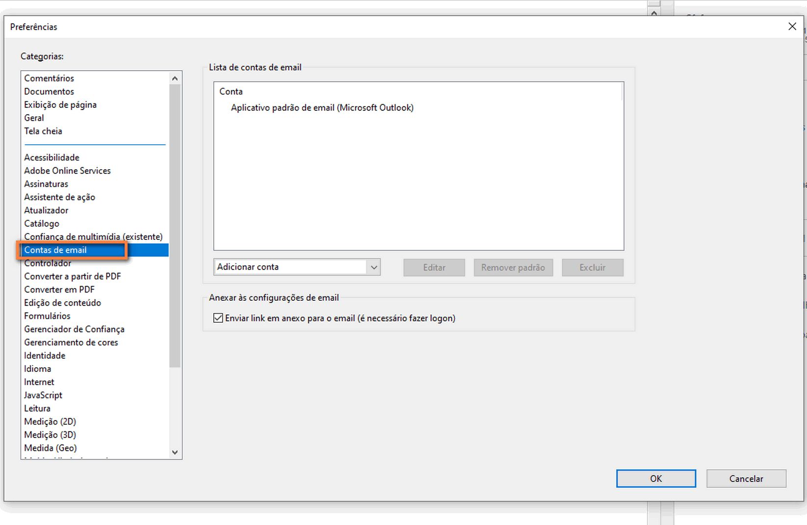 Adicionar, excluir ou definir uma conta de email como padrão