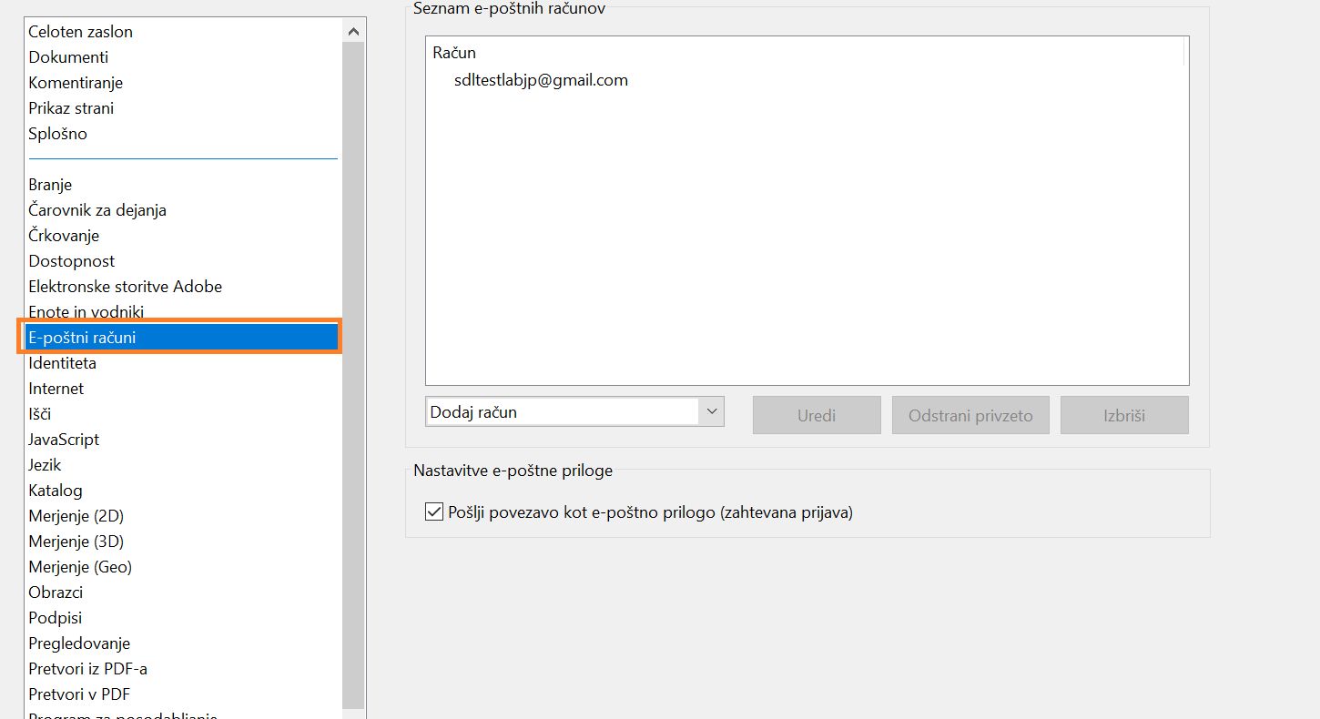 Dodajte, izbrišite ali nastavite privzeti e-poštni račun