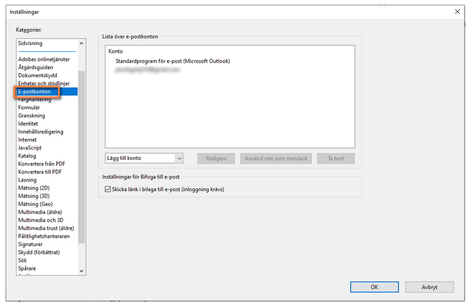 Lägga till, ta bort eller ange ett e-postkonto som standard