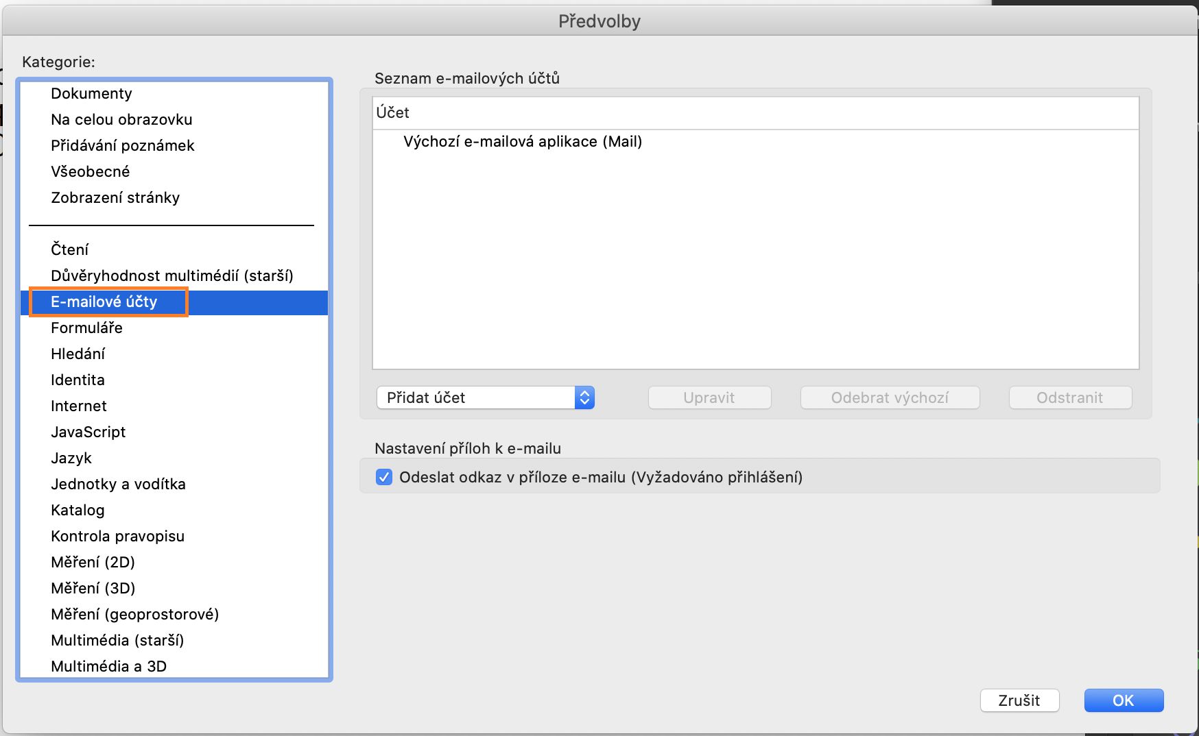 Přidání, odstranění nebo nastavení výchozího e-mailového účtu