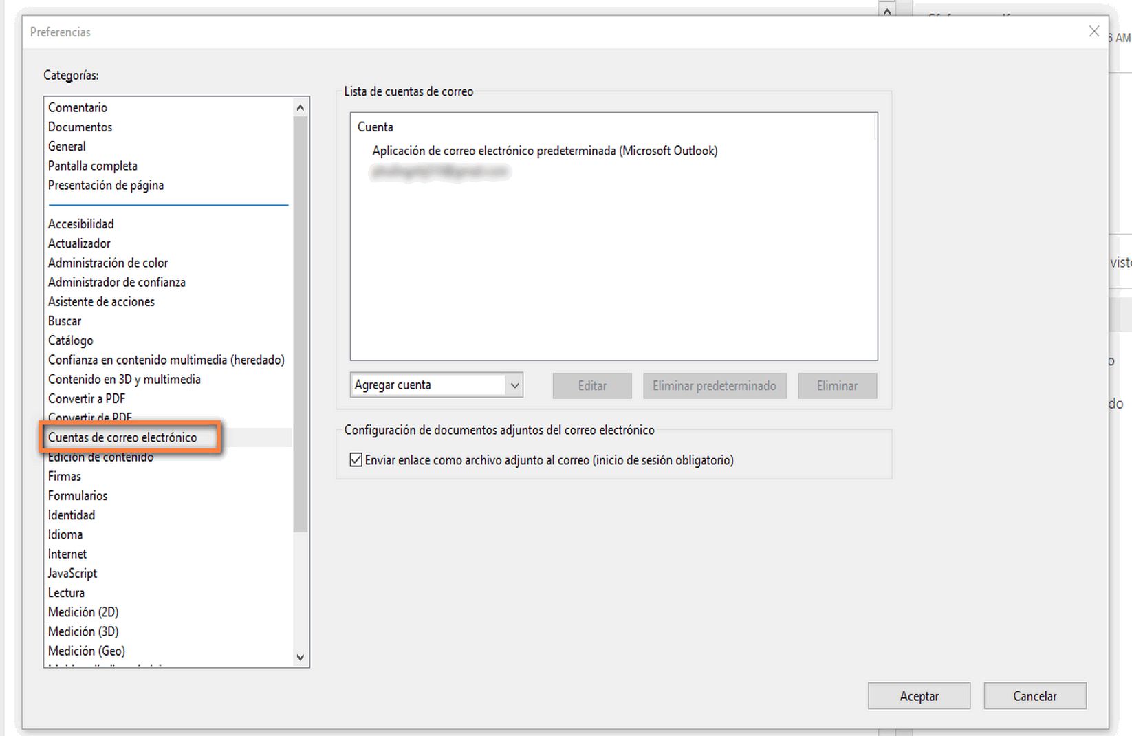 Agregar, eliminar o establecer una cuenta de correo electrónico predeterminada
