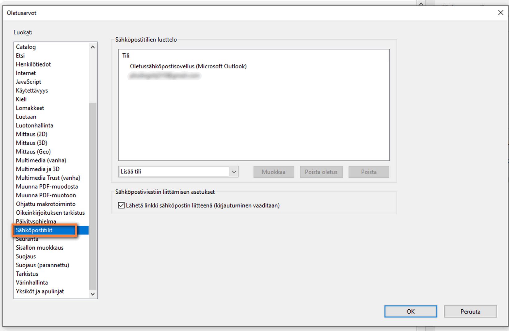 Lisää, poista tai määritä sähköpostitili oletukseksi