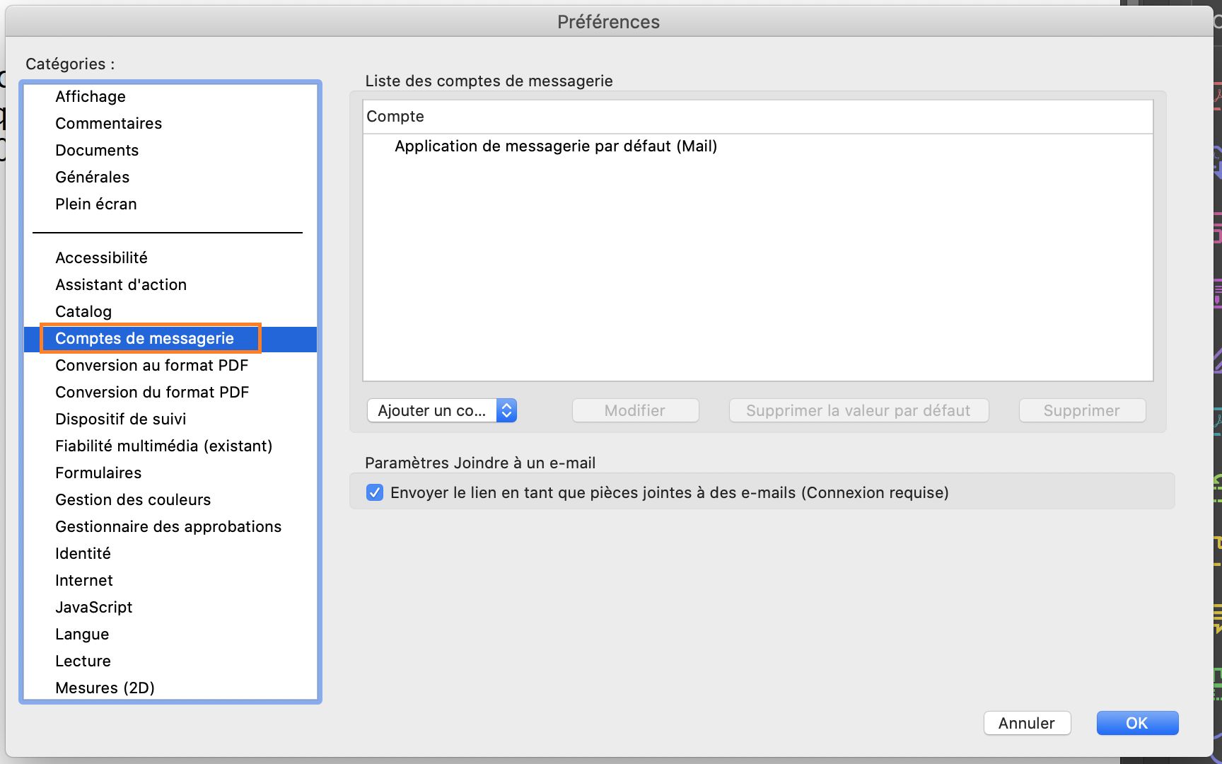 Ajout, suppression ou définition d’un compte de messagerie par défaut