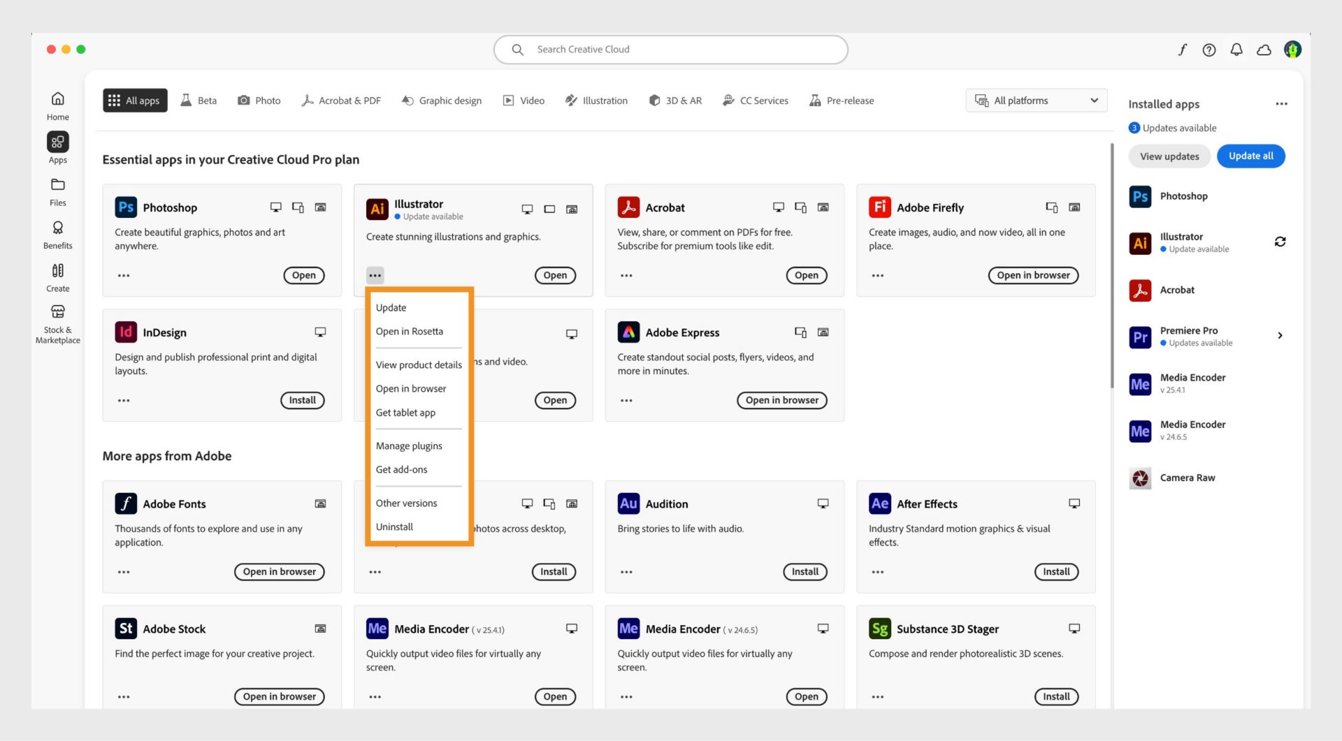 „Creative Cloud“ programos kontekstiniame meniu pateikiamos programos valdymo parinktys, pvz., atnaujinti programą, peržiūrėti produkto informaciją, atidaryti programą naršyklėje ir pašalinti programą. 