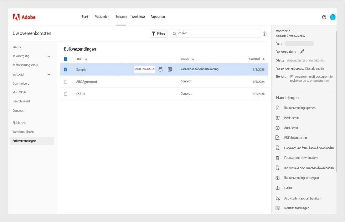 Op de Adobe Acrobat-beheerpagina worden overeenkomsten voor bulkverzending weergegeven met hun status, een gegevensvenster en een menu Acties met opties zoals Bulkverzending openen, Herinneren, Annuleren, PDF downloaden en meer.
