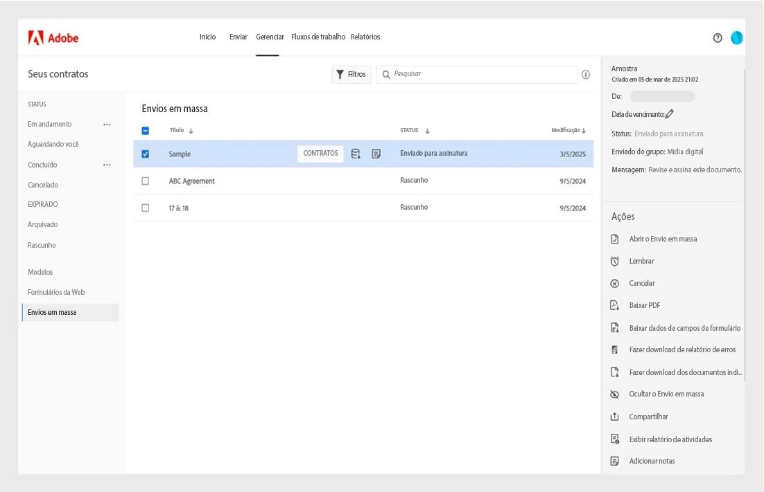 A página Gerenciar do Adobe Acrobat exibe contratos de envio em massa com seus status, um painel de detalhes e um menu de ações contendo opções como Abrir envio em massa, Lembrar, Cancelar, Baixar PDF e muito mais.