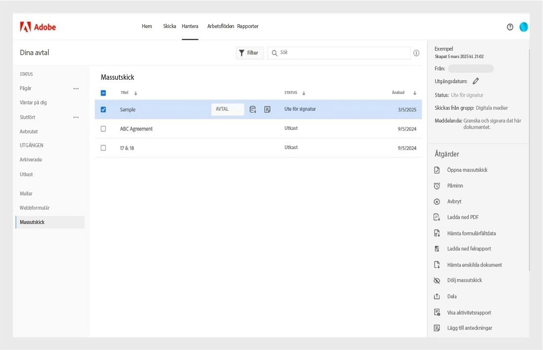 På sidan Hantera i Adobe Acrobat visas avtal för massutskick med deras status, en informationspanel och en åtgärdsmeny med alternativ som Öppna massutskick, Påminn, Avbryt, Hämta PDF-fil med mera.