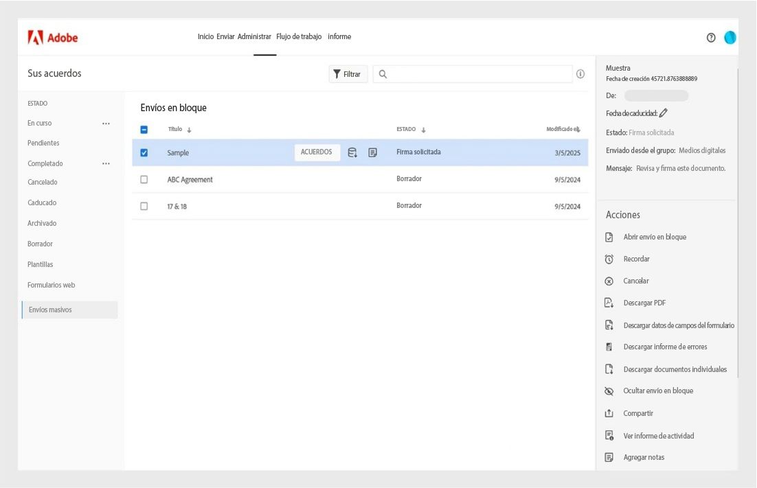 La página Administrar de Adobe Acrobat muestra los acuerdos de Envíos en bloque con sus estados, un panel de detalles y un menú Acciones con opciones como Abrir envío en bloque, Recordar, Cancelar, Descargar PDF, etc.