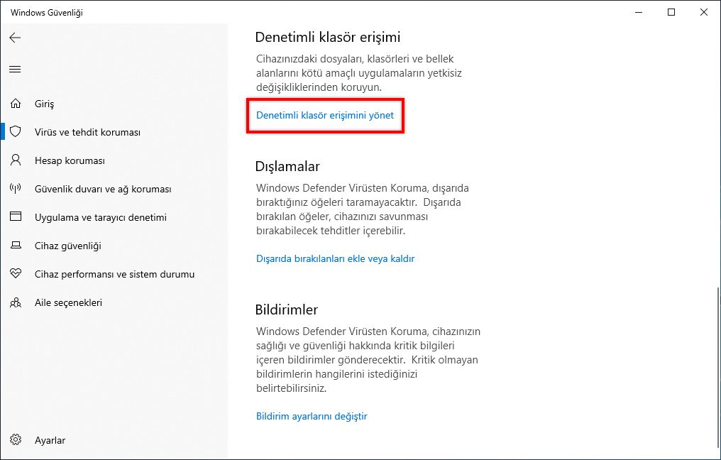 Kontrollü klasör erişimini yönetme