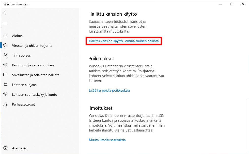 Hallittu kansion käyttö -ominaisuuden hallinta