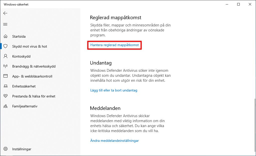 Hantera kontrollerad mappåtkomst