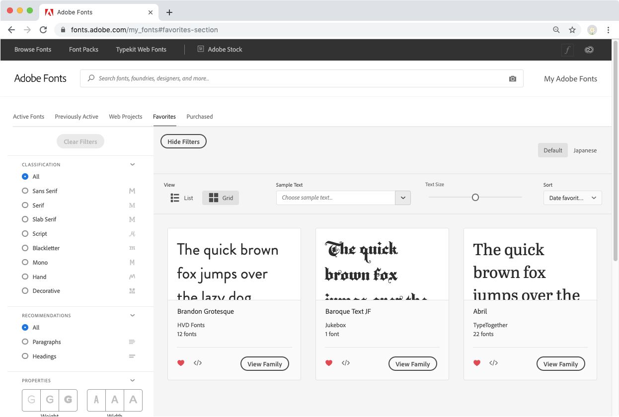 Favoritter-fanen under Mine Adobe Fonts; Brandon Grotesque, Abril og Baroque Text JF er oppført som favoritter.